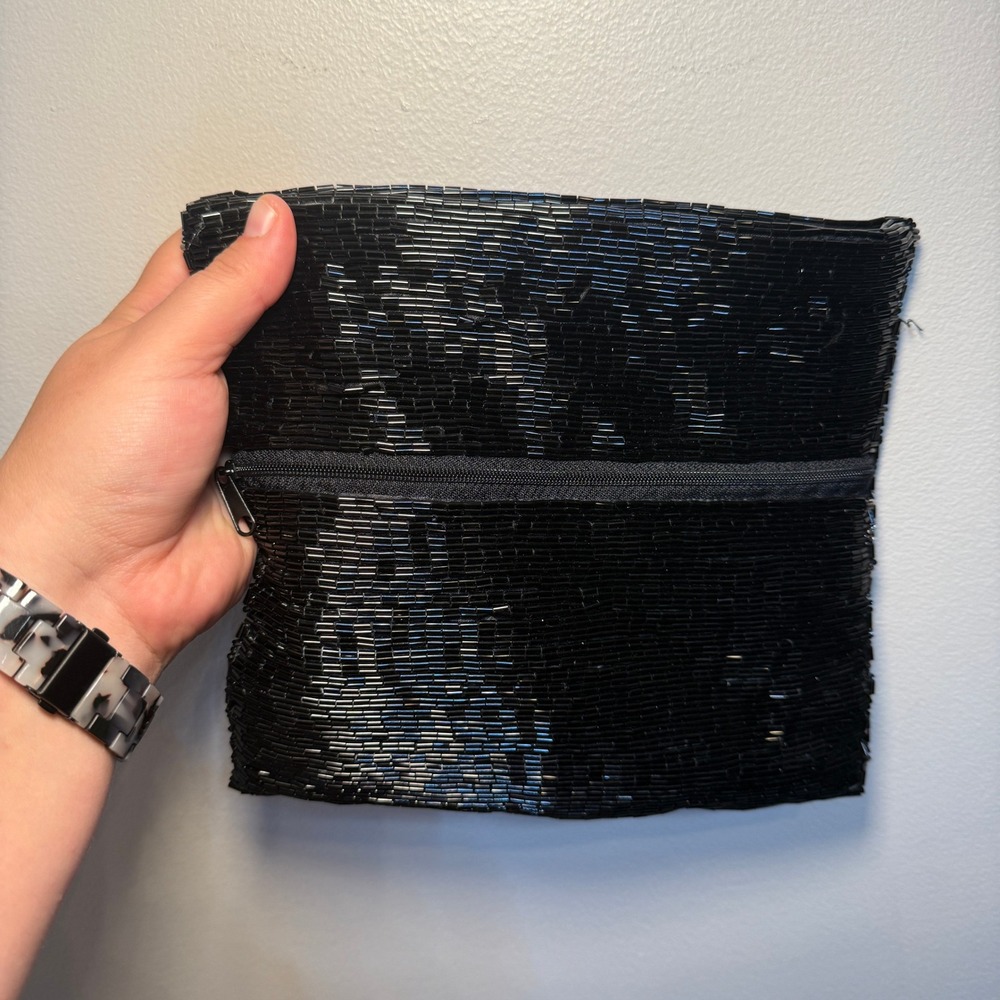 La Regale Vintage Black Bugle Bead Foldover Zip Clutch Evening Bag